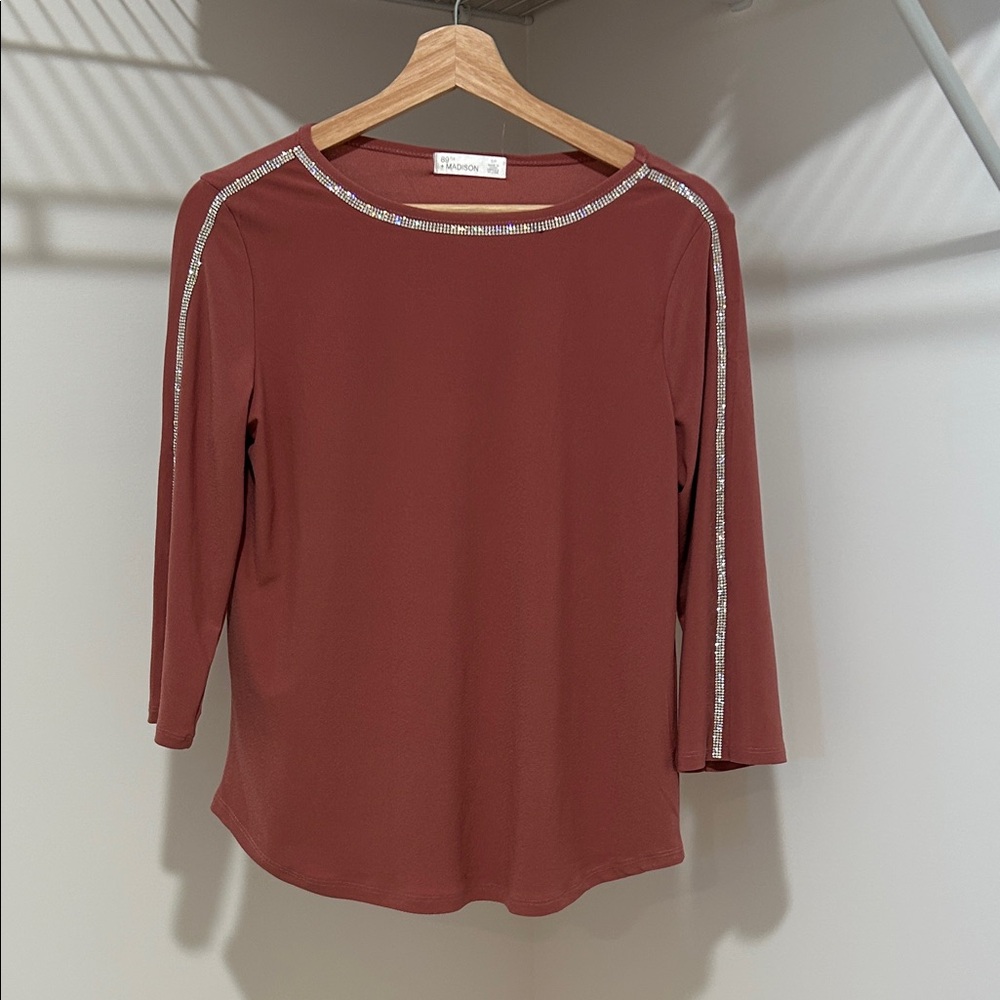 89th and Madison 3/4 Sleeve Top with Rhinestone Trim Size Small
